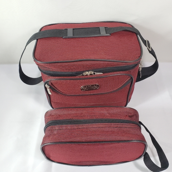 Bob Mackie 2 pc. Cosmetics Travel Bag Red Makeup Case w/ Mirror Zippered Cases - Picture 3 of 16